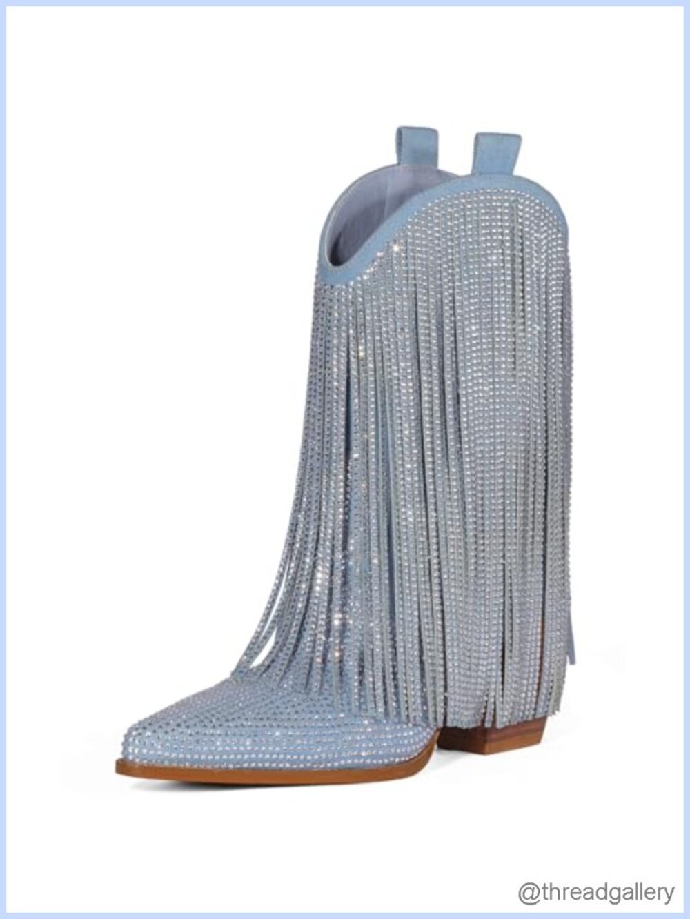 Western Rhinestone Fringe Cowboy Boots Suede Pointed Toe Mid Calf